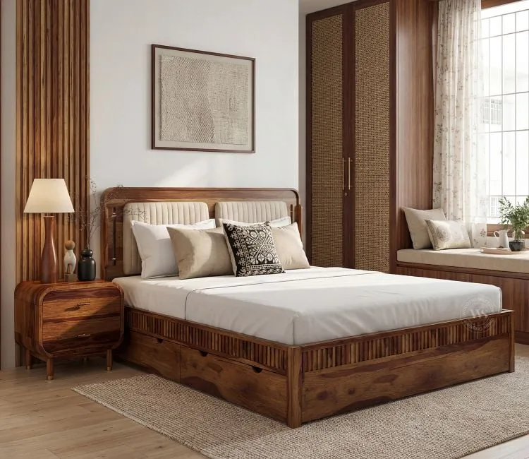 Brixton Sheesham Wood Hydraulic Bed With Storage (Queen Size, Honey Finish)