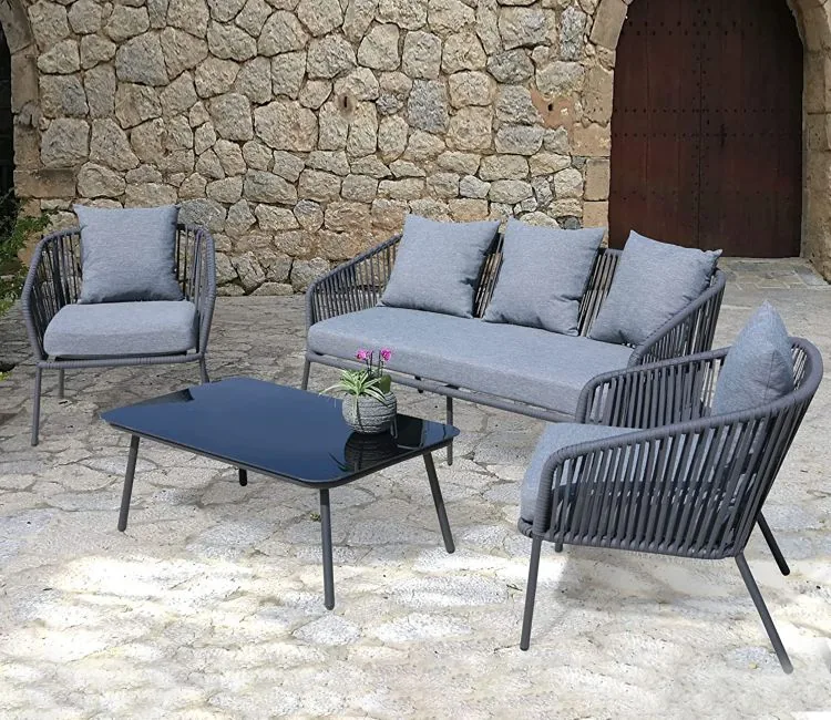 Beige Rope 4 Seater Sofa Set With Table And Grey Cushions - image 2