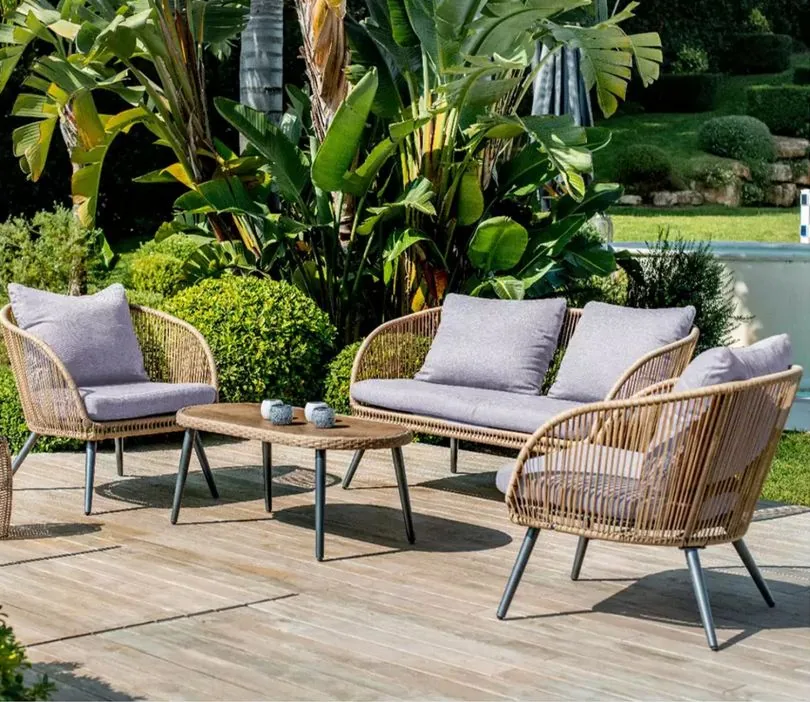 Beige Rope 4 Seater Sofa Set With Table And Grey Cushions