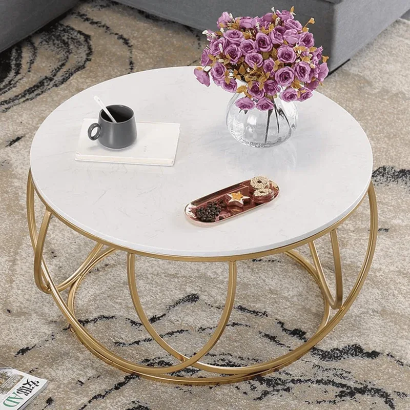 Gilded Globe Round Coffee Table with Marble-Look Top for Living Room