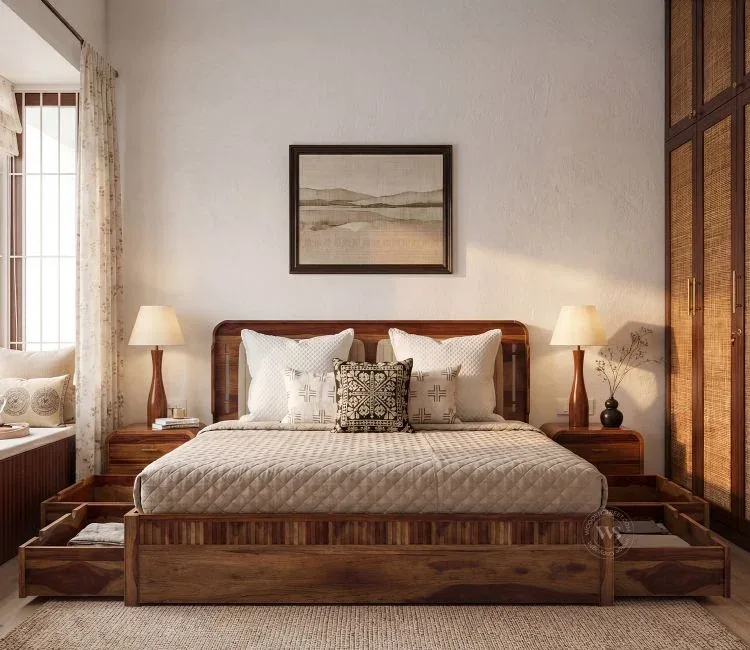 Brixton Sheesham Wood Hydraulic Bed With Storage (Queen Size, Honey Finish) - image 4