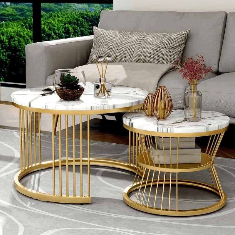 Wooden Twist Stylish Look Round Wrought Iron Coffee Table Set of 2 - image 4