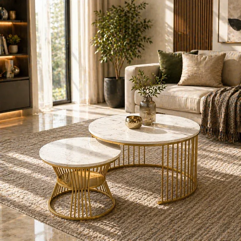 Wooden Twist Stylish Look Round Wrought Iron Coffee Table Set of 2