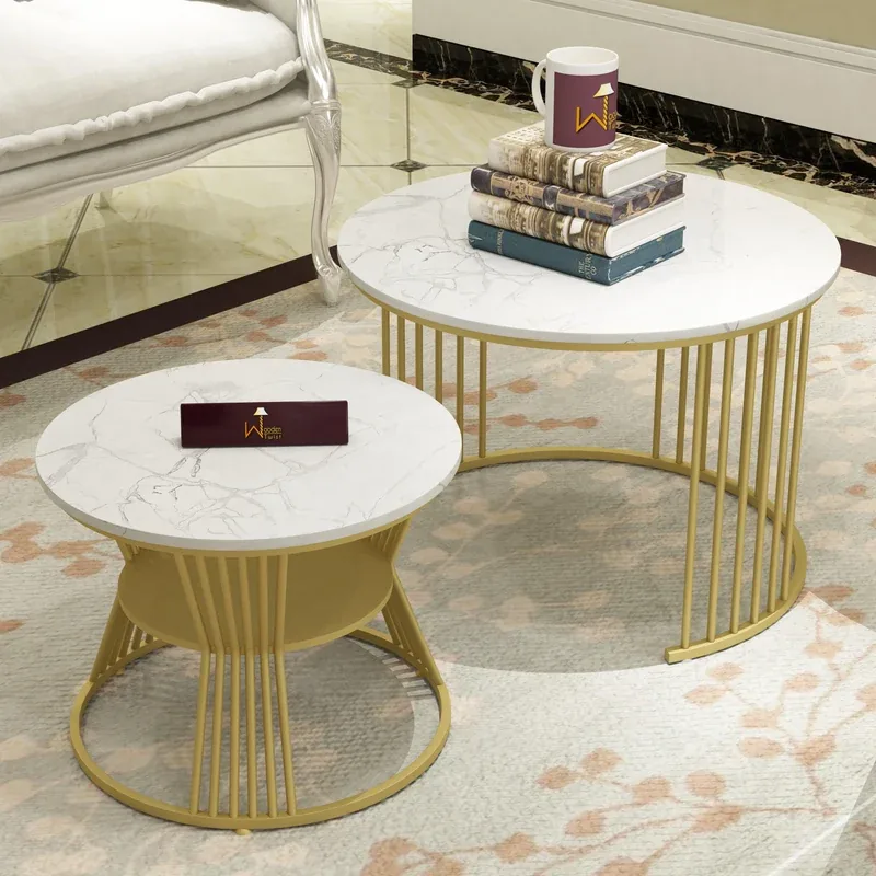 Wooden Twist Stylish Look Round Wrought Iron Coffee Table Set of 2 - image 2