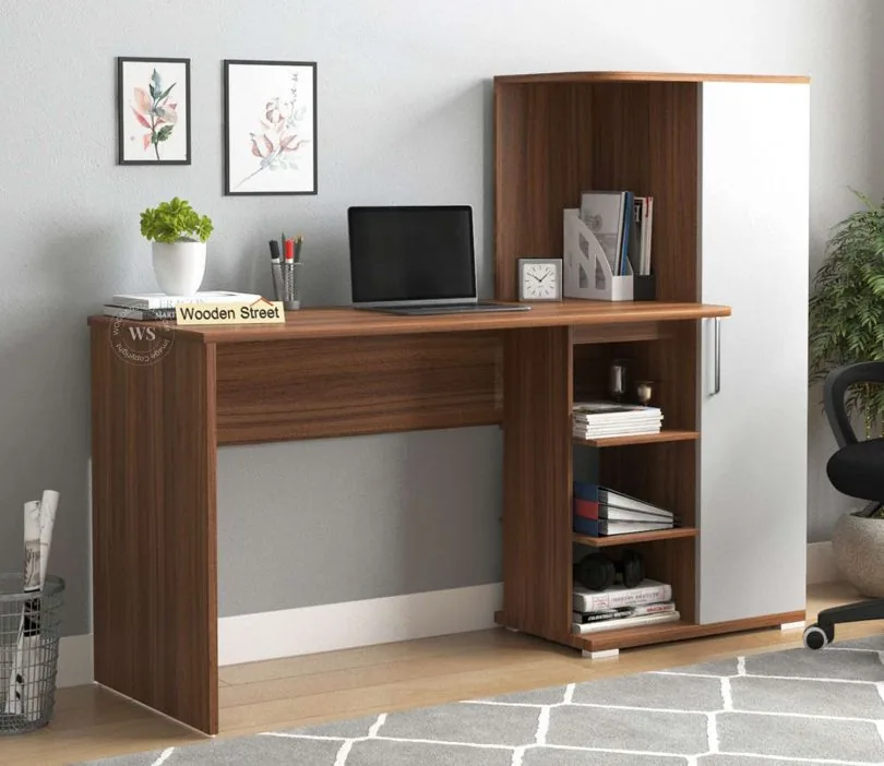Stanis Engineered Wood Study Table with Frosty White Door Cabinet & Bookshelf (Exotic Teak Finish)