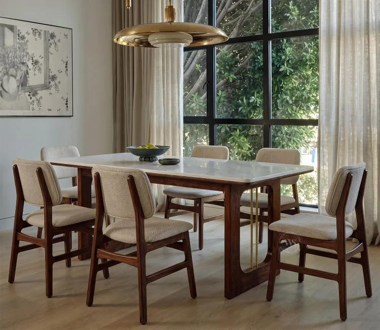 Ishaanvi Premium Sheesham Wood 6 Seater Dining Set with Mishaan White Marble Table and Vinara Chair (Teak Finish, Sand Brown)