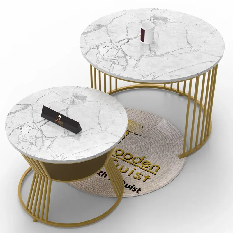 Wooden Twist Stylish Look Round Wrought Iron Coffee Table Set of 2 - image 3