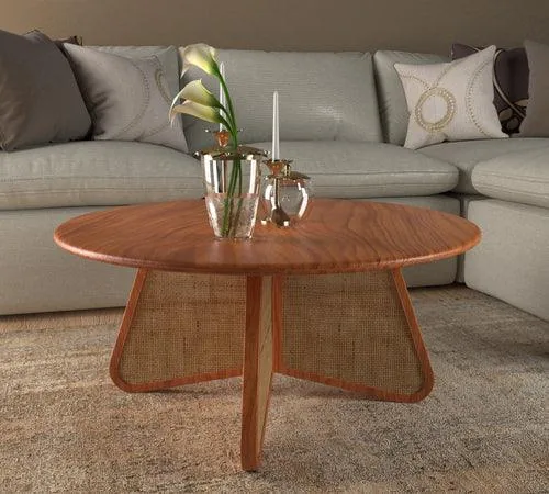 Round Teak Wood & Rattan Coffee Table for Living Room