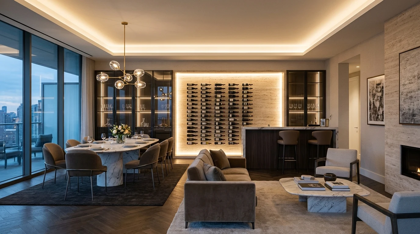 Illuminated wine display cabinet in contemporary living and dining area