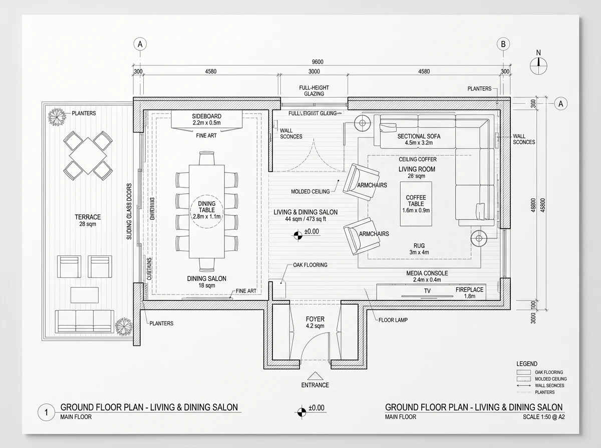 Ground floor living salon furniture zoning and architectural layout blueprint